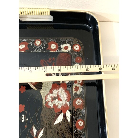 Vintage Japanese Peacock Lacquerware Tray Black & Gold Floral Large 19” x 11” - Picture 6 of 8